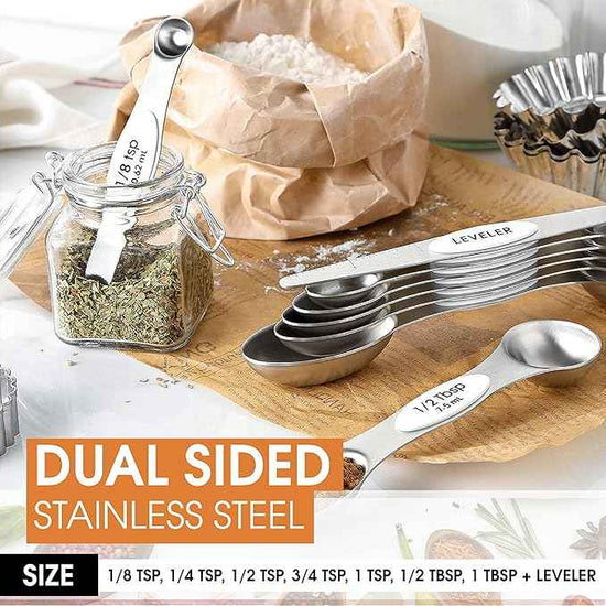 Spring Chef White Stainless Steel Magnetic Measuring Spoons Set of 8 with Leveler, Dual Sided Metal Teaspoon & Tablespoon Measuring Spoons, Fits in Spice Jars, Kitchen Gadgets for Baking & Cooking