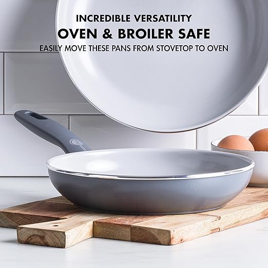 GreenPan Dover 8” and 10” 2 Piece Frying Pan Skillet Set, Non-Toxic PFAS-Free Ceramic Nonstick Coating, Sear Saute Fry Egg Omlete, Dishwasher & Oven Safe, Stay Cool Handle, Easy Pour Rims, Black