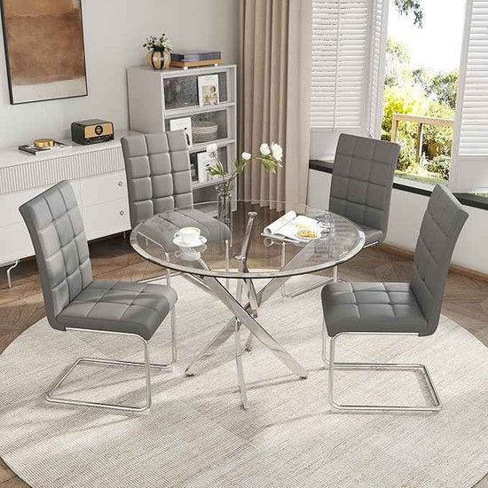 AF ARTISAN FURNITURE 5 Piece Round Glass Dining Table Set, Silver Glass Kitchen Table Set for 4 Modern Table Set with 4 Grey PU Upholstered Dining Chairs, for Small Space, Breakfast Nook