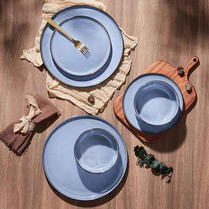 E-far 6-Piece Reactive Glaze Dinnerware Sets, Ceramic Dishes Set for 2, Stoneware Plates and Bowls Dinning Ware, Microwave & Dishwasher Safe - Ocean Blue