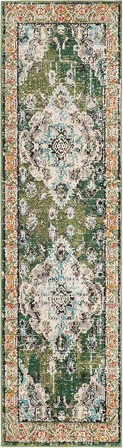 SAFAVIEH Monaco Collection Runner Rug - 2'2" x 14', Forest Green & Light Blue, Non-Shedding & Easy to Clean, Distressed Medallion Design, Ideal for Hallway, Foyer, Entryway, Kitchen, Bedroom (MNC243F)