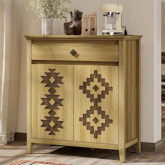 Sideboard Buffet Cabinet Set of 2 with Power Outlet, Wood Coffee Bar Cabinet with Drawer and Adjustable Shelf, Modern Accent Storage for Kitchen, Entryway, Living Room, Natural