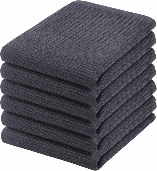 PurpleEssences Waffle Weave Kitchen Towel, 100% Cotton - 15 x 25 Inches, with Hanging Loop Ultra Soft Absorbent Quick Drying Dish Cloth, Tea and Hand Towels, 6 Pack - Spring Summer - Dark Grey - Nestoria