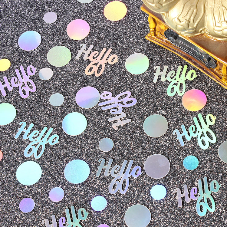 Hello 60 Birthday Confetti for Table Iridescent 60th Birthday Party Decorations for Women Sixty Years Old Happy Birthday Tables Scatter Circle Dots Party Confetti Anniversary Decor 300PC (230 Count)