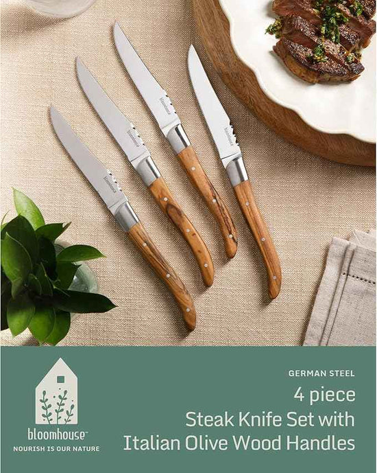Bloomhouse 4-Piece German Stainless Steel Steak Knife Set – Premium Olive Wood Handle Steak Knives, Full-Tang Blades for Dining