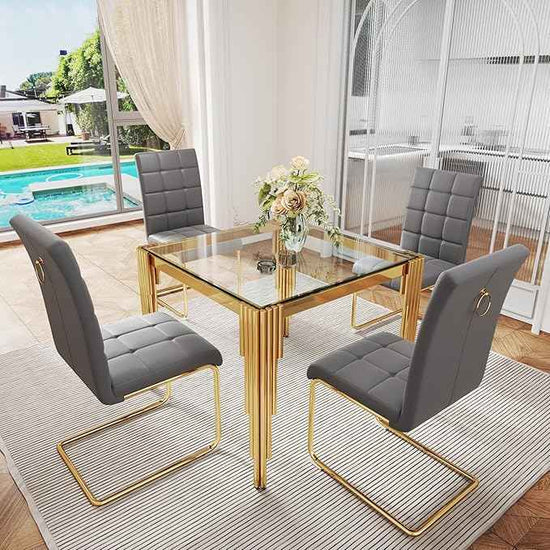 AF ARTISAN FURNITURE 37'' Square Glass Dining Table Set for 4, Kitchen Table Chairs Set of 4, Clear Gold Glass Dining Tables with Stainless Steel Legs, 4 Grey PU Dining Chairs, Living Room, Kitchen