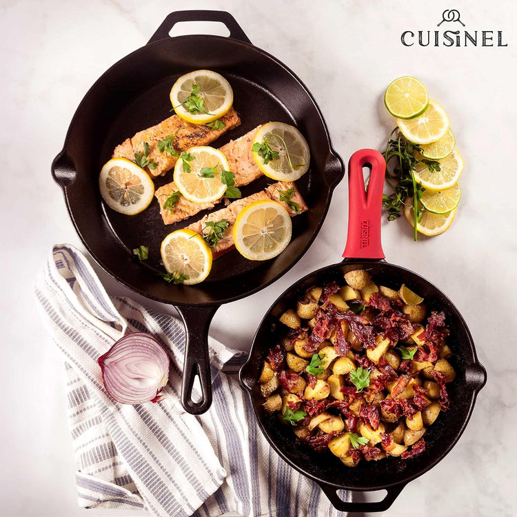 Cuisinel Cast Iron Skillets Set - 10" + 12"-Inch Pre-Seasoned Frying Pans + Removable Silicone Handle Holder Grips + Pan Scraper - Oven-Safe Cookware Kit + Accessories + Handle Helper - Nestoria