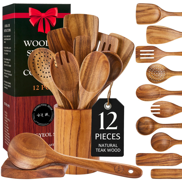 12 Piece Teak Wood Cooking Utensil Set With Holder (12 Count)