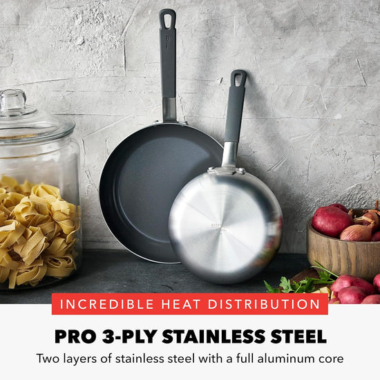 GreenPan x Bobby Flay Stainless Steel 8” & 10” Frying Pan Skillet Set, Professional Grade Tri-Ply, Multiclad, PFAS-Free Ceramic Nonstick, Induction Suitable, Dishwasher & Oven Safe, Stay Cool Handle - Nestoria