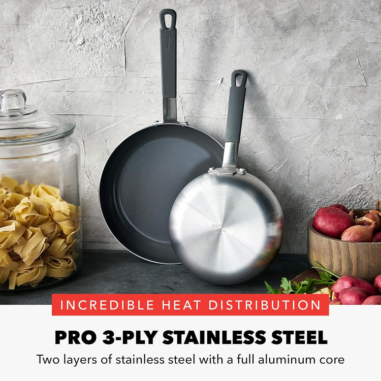 GreenPan x Bobby Flay Stainless Steel 8” & 10” Frying Pan Skillet Set, Professional Grade Tri-Ply, Multiclad, PFAS-Free Ceramic Nonstick, Induction Suitable, Dishwasher & Oven Safe, Stay Cool Handle - Nestoria