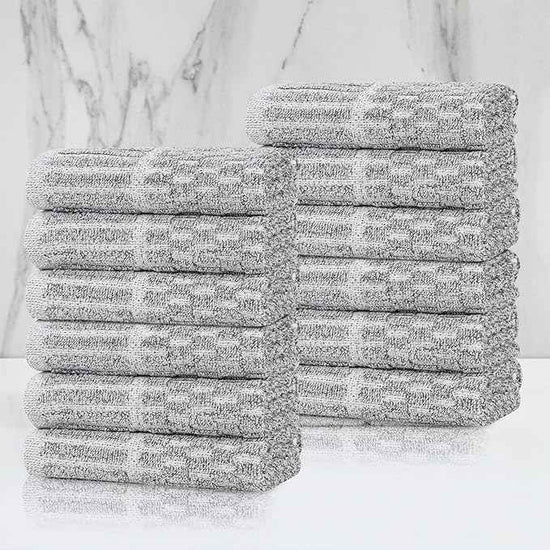 Superior Juno Viscose Cotton Blend Medium Weight Small Towels, for Kitchen, Bathroom, Shower, Spa, Plush, Quick Dry, Ultra-Soft Essentials, Border Detail, Face Towels Washcloths, Set of 12, Charcoal