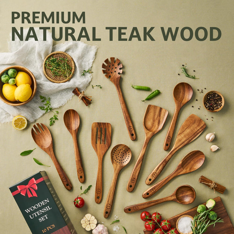 10 Piece Teak Wood Cooking Utensil Set (10 Count)