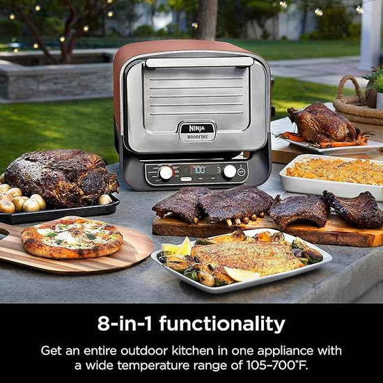 Ninja Woodfire Outdoor Pizza Oven, 8-in-1 Portable Electric Roaster Oven, Heats up to 700°F, 5 Artisan Pizza Settings, Integrated BBQ Smoker Box, Includes Flavored Wood Pellets, Terracotta Red