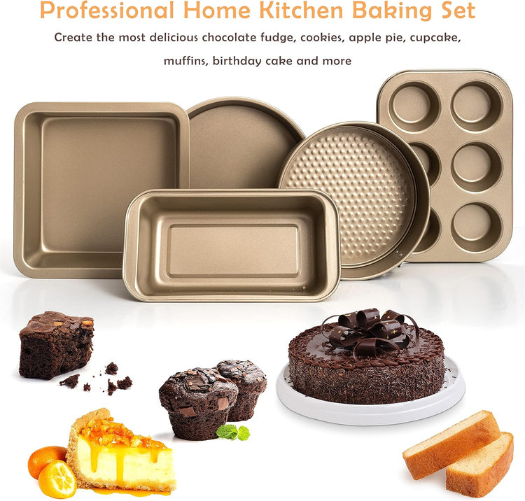 Moss & Stone 5 Piece Baking Pans Set, Carbon Steel Non-Stick PTFE Coating Oven Safe Baking Sheet Set, Bakeware Set With Heat Red Glove, Cookie Sheets For Baking Nonstick Set