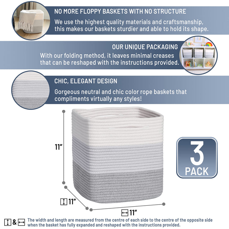Storage Cubes 11 Inch Cotton Rope Woven Baskets for Organizing (3 Count)