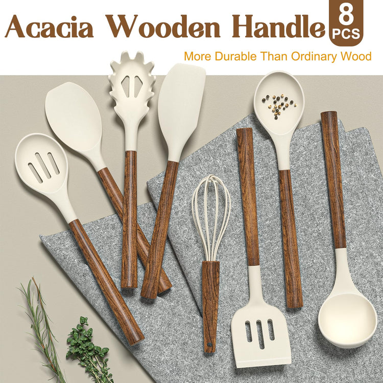 Non Stick Silicone Kitchen Utensils Set with Natural Acacia Hard Wood Handle (8 Count)