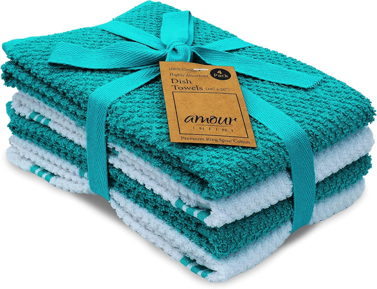AMOUR INFINI Kitchen Towels Pack of 4 - Absorbent, Quick Drying Premium Cotton Tea Towel - Kitchen Linens 16x28 Inch Dish Towels with Hanging Loop (Turquoise) - Nestoria