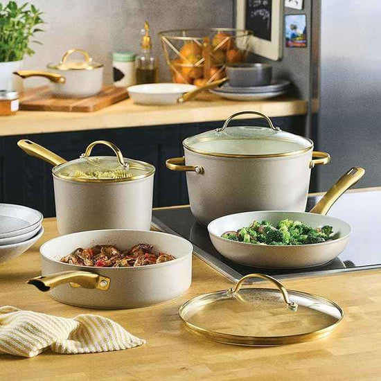 Farberware Forged Induction Ceramic Nonstick Pots and Pans Set with Cooking Tools, Dishwasher Safe, Gold Color Stainless Steel Handles, 12 Piece Cookware Set - Taupe
