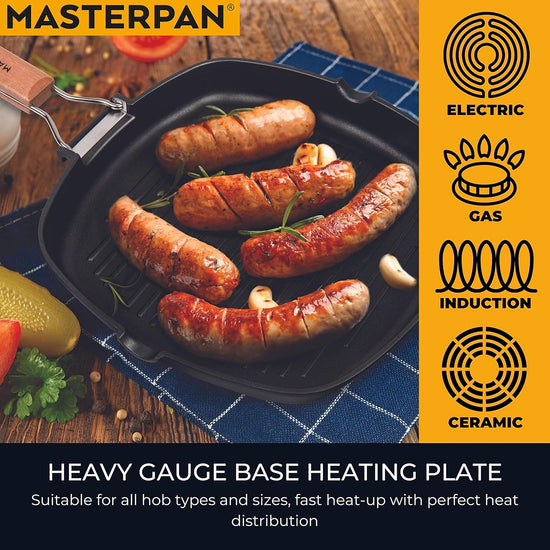 Non-Stick Grill Pan with Folding Wooden Handle, 8", Black and Brown - Nestoria