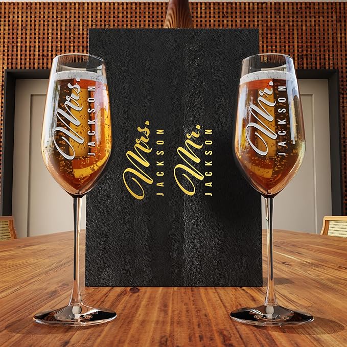 Personalized Champagne Flutes - Set of 2 - Custom Wedding Glasses - Bride & Groom Wedding Gifts for Mr & Mrs - Engagement, Bridal Shower, Anniversary, Gift for Couple - Valentines Day Gift - 6 Designs