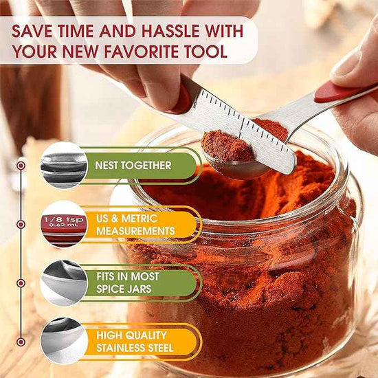 Spring Chef Red Stainless Steel Magnetic Measuring Spoons Set of 8 with Leveler, Dual Sided Nesting Teaspoon & Tablespoon Measuring Spoons, Kitchen Gadgets for Baking & Cooking, Fits in Spice Jars