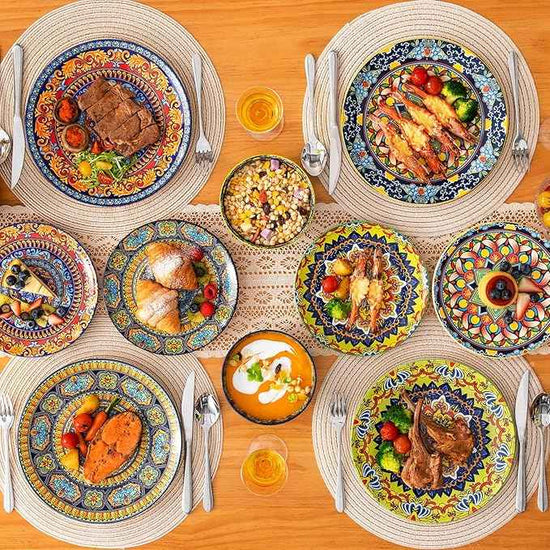 vancasso Plates and Bowls Sets,12-Piece Porcelain Dinnerware Set Service for 4, Bohemian Style Dishes Set for 4, Kitchen Dinner Set, Microwave and Dishwasher Safe, Scratch Resistant, Series KRVI