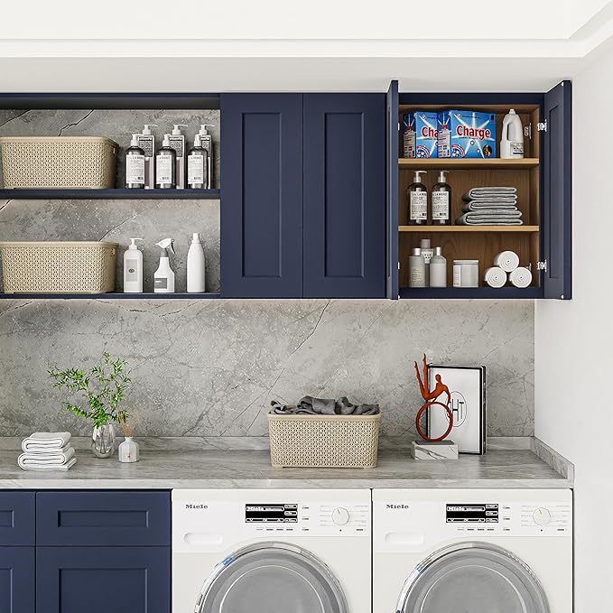 24 Inch Medicine Cabinet Wall Mounted, Solid Wood Over The Toilet Storage Cabinet, Bathroom Organizer Cabinets with 2 Door & Shelves, Easy to Assemble for Laundry Room, Kitchen, Garage - Blue
