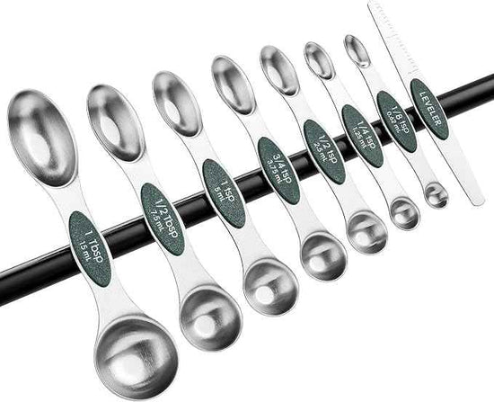 Spring Chef Stainless Steel Magnetic Measuring Spoons Set of 8 with Leveler, Stackable Magnetic Teaspoon & Tablespoon Set, Metal Kitchen Gadgets for Baking & Cooking, Fits in Spice Jars - Pine Green