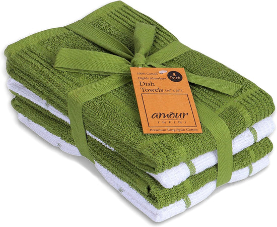 AMOUR INFINI Kitchen Towels Pack of 4 Absorbent, Quick Drying Premium Terry Cotton Dish Towel with Hanging Loop 16x28 Inch Hand & Tea Towels (Green) - Nestoria