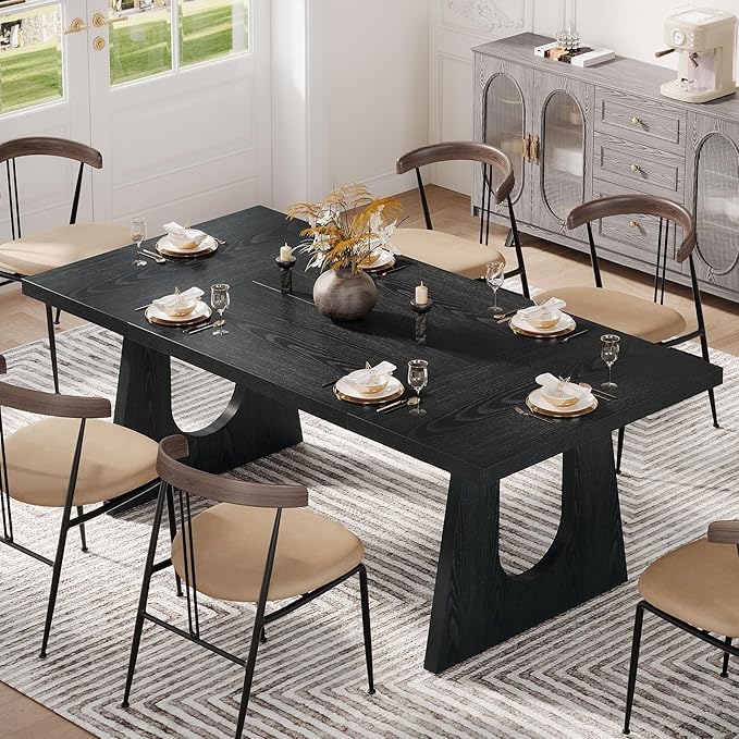 Tribesigns Large Dining Table for 6-8 People, 70.9-Inch Wood Rustic Rectangular Table with Black Wooden Legs, Farmhouse Center Kitchen Table for Dining Room, Living Room, Home Furniture, Black