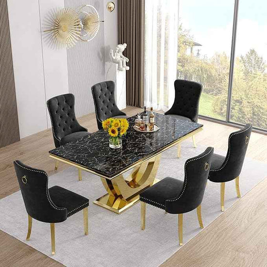 AF ARTISAN FURNITURE Marble Dining Table for 4-8,Black Faux Marble Dining Tables with Gold U-Shaped Mirrored Finish Stainless Steel Base, Marble Kitchen Table for Living Room Home Office