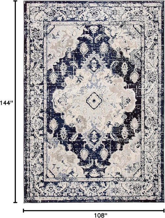 SAFAVIEH Monaco Collection Area Rug - 9' x 12', Ivory & Navy, Non-Shedding & Easy to Clean, Distressed Medallion Design, Ideal for Living Room, Bedroom, Dining Space (MNC243C)