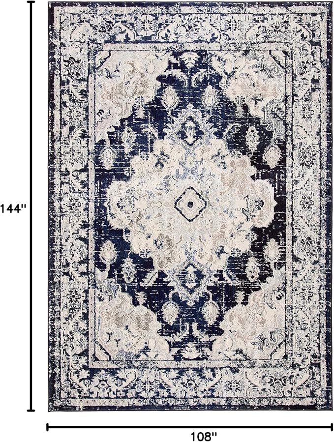 SAFAVIEH Monaco Collection Area Rug - 9' x 12', Ivory & Navy, Non-Shedding & Easy to Clean, Distressed Medallion Design, Ideal for Living Room, Bedroom, Dining Space (MNC243C)