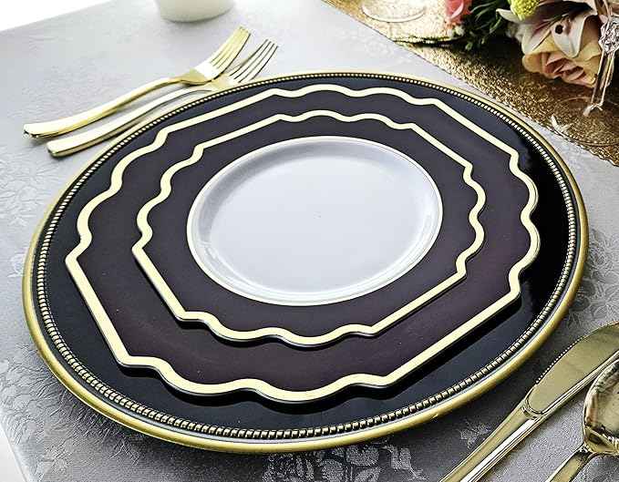 " OCCASIONS " 960 Piece set (120 Guests)-Heavyweight Wedding Party Disposable Plastic Plate Set - 120 x 10.5'' + 120 x 8'' + Silverware + Cups + Napkins (Imperial in White & Black & Gold)
