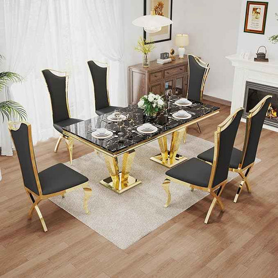 AF ARTISAN FURNITURE 7 Piece Luxury Dining Room Set, Modern Dining Table and Upholstered Chairs Set, Marble Kitchen Table Set for 6, Big Kitchen Dinner Tables Kit with Gold Base
