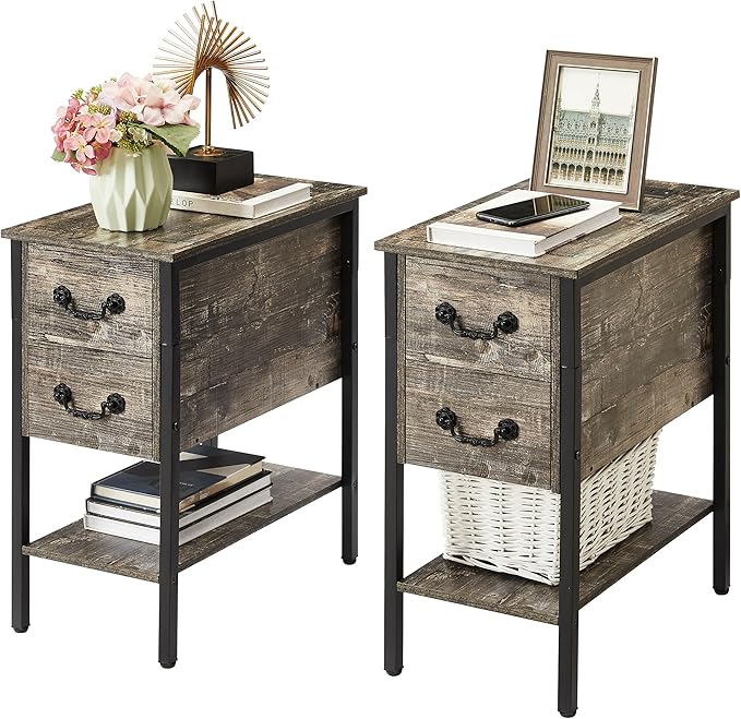 VECELO End Tables,Narrow Nightstands with Charging Station & USB Ports &Drawers,Night Stand for Living Room, Bedroom,Misty Gray