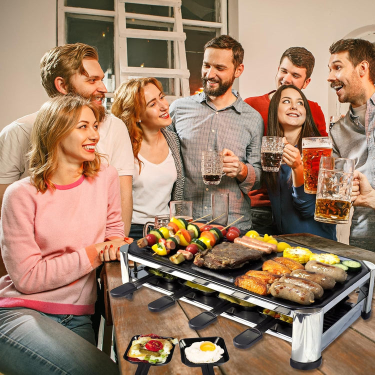 TAMARIT 8-Person Raclette Grill, Electric Party Grill with Nonstick grill & crepe Plates, 8 Pans & Spatulas, 1500W (Indoor), Stainless Steel