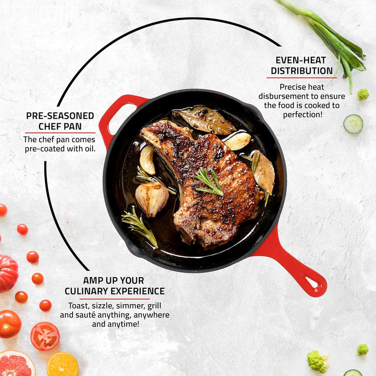 Utopia Kitchen Saute Frying Pan 12 Inch, Cast Iron Chefs Pan, Pre Seasoned Cast iron Skillet With Lid, Safe Grill Cookware for Indoor & Outdoor Use, Red - Nestoria