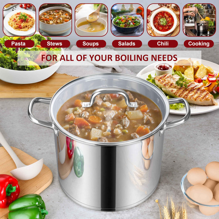 12-Quart 18/10 Stainless Steel Stock Pot with Lid, Large Heavy Duty Soup Pot Compatible with Electric, Gas, Induction and Various Cooktops, Dishwasher Safe