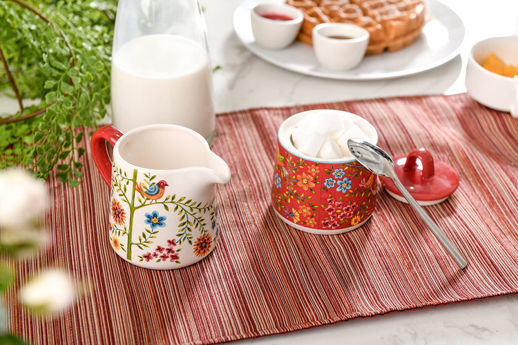 Red Spring Bird Ceramic Sugar and Creamer Set