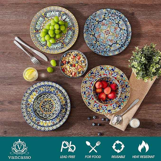 vancasso 18 Pieces Dinnerware Sets, Plates and Bowls Set, Porcelain Dishes Set for 6, Microwave and Dishwasher Safe, Scratch Resistant, Bohemian Style Dining Ware Service for 6, Series SIMI