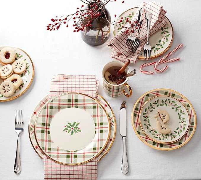 Lenox 894964 Holiday Plaid Accent Plates, Set of 4, Red & Green, Christmas Dinnerware, Hosting