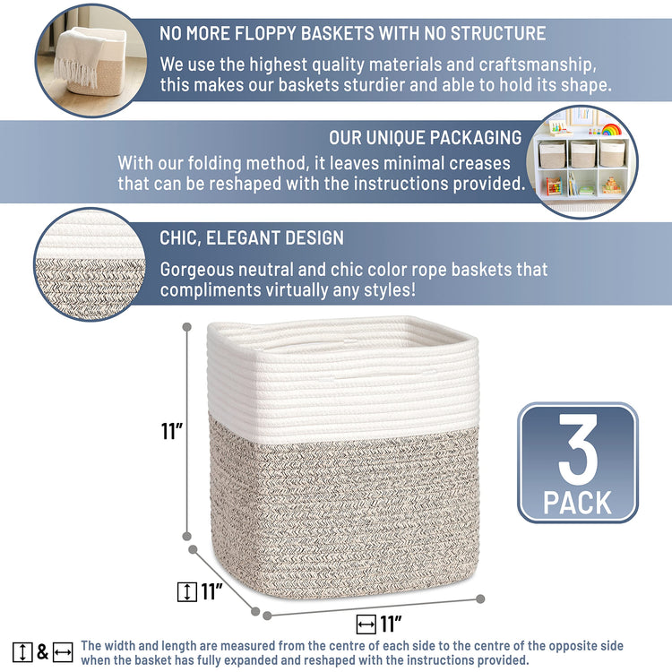 Storage Cubes 11 Inch Cotton Rope Woven Baskets for Organizing (3 Count)