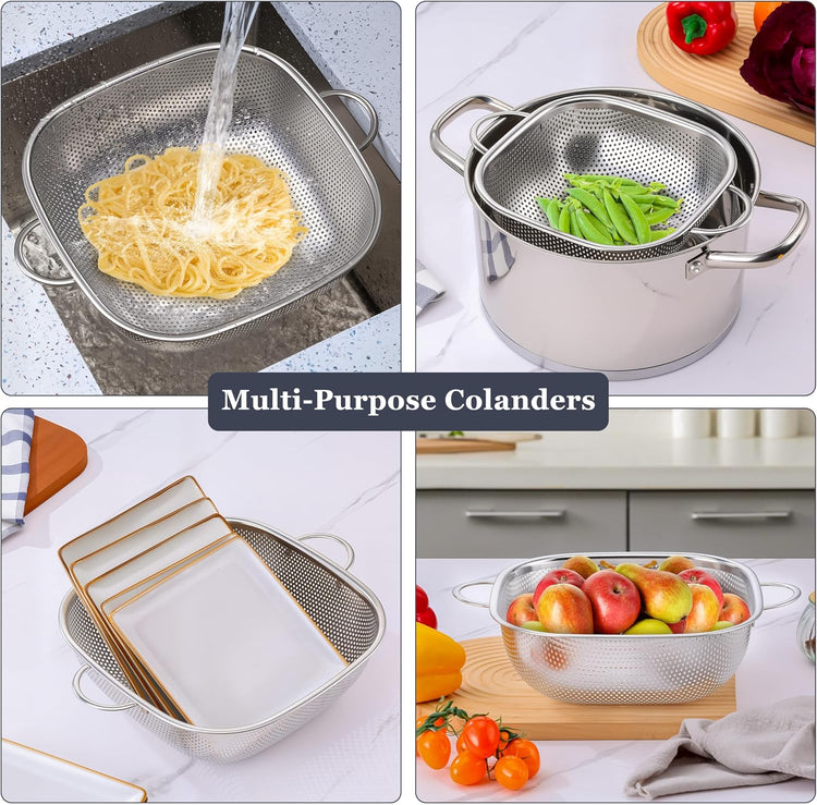 E-far 3 Pack Colander for Kitchen, Square Stainless Steel Metal Strainer Colander with Handle for Draining Food Pasta Vegetable, Micro-Perforated & Elevated Feet, Dishwasher Safe(2.4/4/6QT)