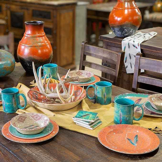 Paseo Road Tossed Feather 14 Piece Melamine Plastic Western Dinnerware Set, Orange Tan Brown Teal Aztec Tribal Print, Southwestern Rustic Dish Set with Plates, Bowls, Serving Dish