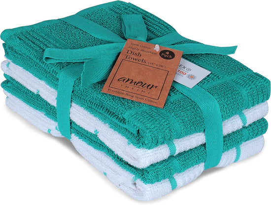 AMOUR INFINI Kitchen Towels Pack of 4 Absorbent, Quick Drying Premium Terry Cotton Dish Towel with Hanging Loop 16x28 Inch Hand & Tea Towels (Teal) - Nestoria