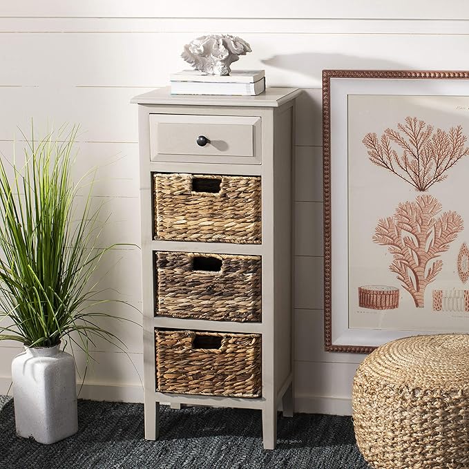 SAFAVIEH Home Collection – Michaela Vintage Grey Storage Unit with Woven Basket Drawers, British Colonial Farmhouse Accent Storage, Fully Assembled (AMH5744D)
