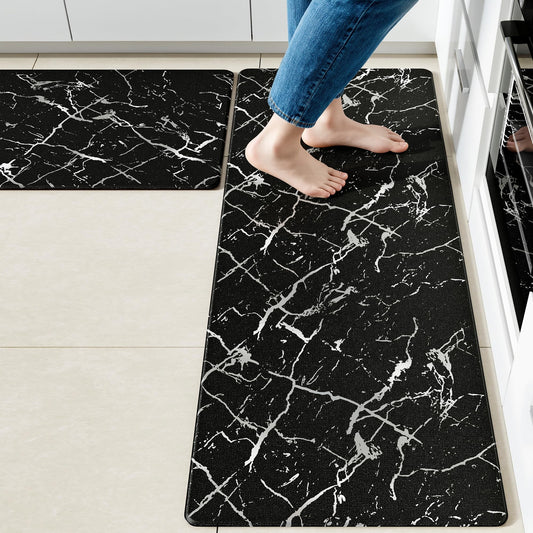 Silver Foil Stamped Marble Kitchen Mats for Floor 2PCS Cushioned Anti Fatigue Non Slip Waterproof Comfort Leather Kitchen Rugs 2 (18.03 sq ft Count)