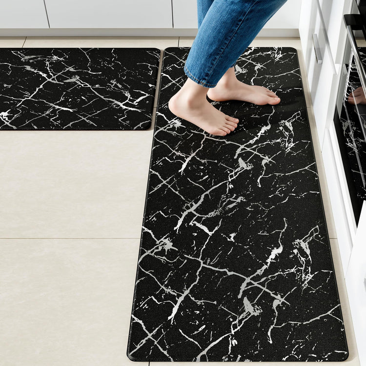 Silver Foil Stamped Marble Kitchen Mats for Floor 2PCS Cushioned Anti Fatigue Non Slip Waterproof Comfort Leather Kitchen Rugs 2 (18.03 sq ft Count)