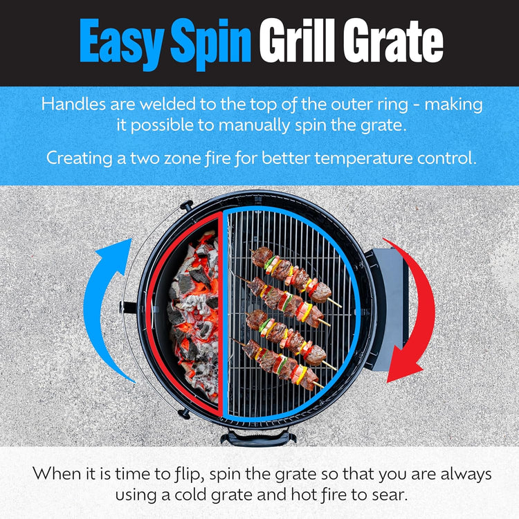 SnS Grills Slow ‘N Sear EasySpin Charcoal Grill Cooking Grate - Compatible with Weber and Other Grills, 2-Zone Stainless Steel Hinged Replacement - Tailgating & Backyard Cooking - 24” Inches
